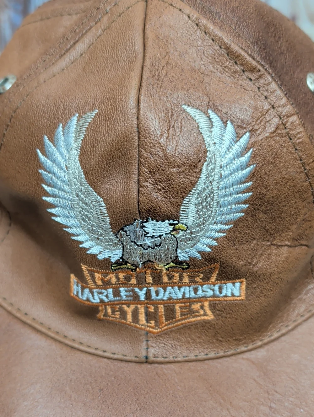 Vintage Harley-Davidson Brown Leather Trucker Cap Hat with Eagle Embroidery